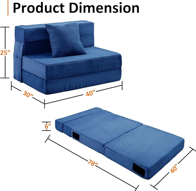 JKMAX Twin Size Folding Sofa Bed - 4 in 1 Convertible Sleeper Chair with Pillow - High Density Memory Foam Futon Couch - Foldable Bed for Living Room Bedroom (Blue)