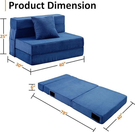 JKMAX Twin Size Folding Sofa Bed - 4 in 1 Convertible Sleeper Chair with Pillow - High Density Memory Foam Futon Couch - Foldable Bed for Living Room Bedroom (Blue)