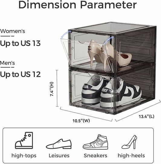 Pinkpum Upgraded Hard Shoe Storage Box 6 Pack X-Large Fit Size 12, Thicken & Sturdy Clear Plastic Stackable Shoe Organizer Box Closet, Sneaker Storage Display Case Holder Bins with Magnetic Door Black