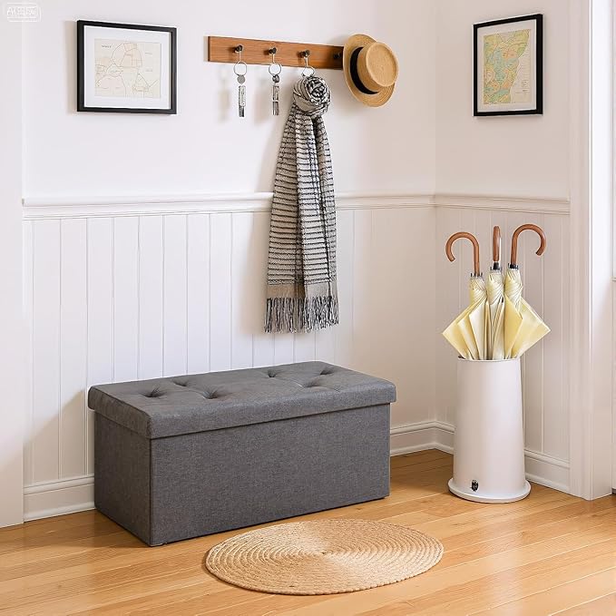 NEWBULIG 30 Inches Folding Storage Ottoman Bench with Padded Seat for Bedroom, Small End of Bed Foot Rest Stools Storage Chest, Living Room, Pure Grey.