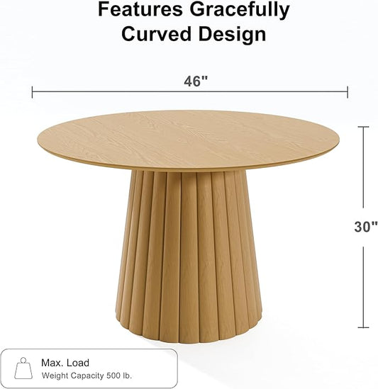 Casaphoria 46" Round Dining Table, Modern Wood Kitchen Table with Cone Shaped Strip Convex Base for Living Room & Dining Room, Easy Assembly Farmhouse Furniture for 4-6, Oak