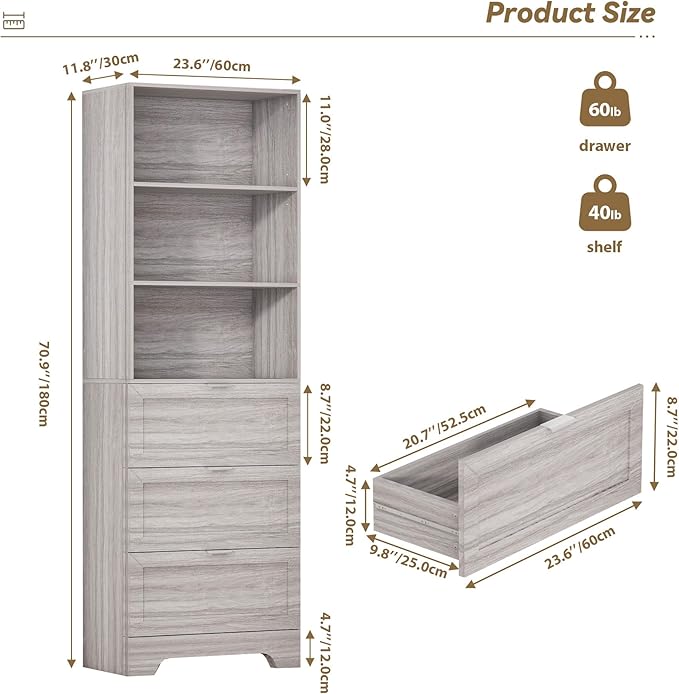 71'' Tall Bookshelf with Drawers,6 Tier Wooden Bookcase Storage Organizer,Freestanding Display Cabinet with Adjustable Shelves for Living Room, Bedroom, Kitchen, Home Office, Wash Grey