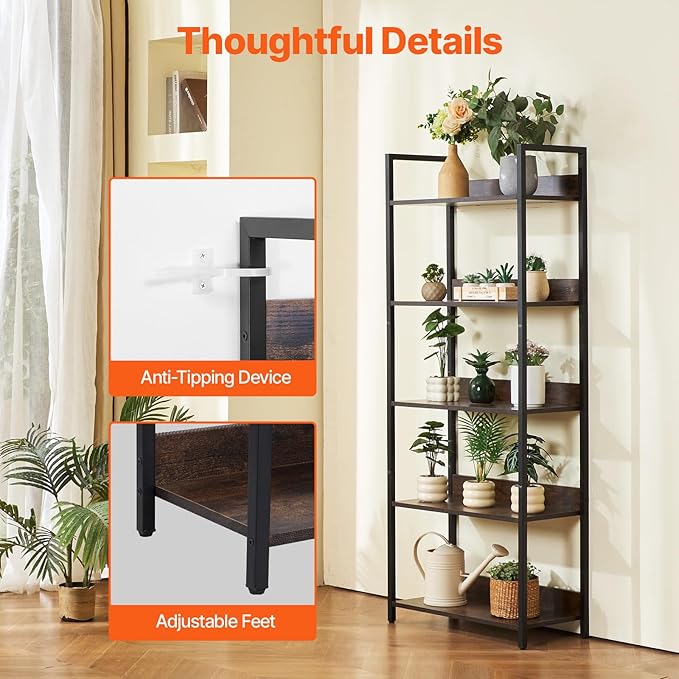 VEVOR Metal Bookshelf, 5-Tier Tall Industrial Bookshelf, Rustic Display Vintage Storage Bookcase with Open Shelves, Freestanding Display Shelving Unit Storage Rack, for Living Room, Bedroom & Office