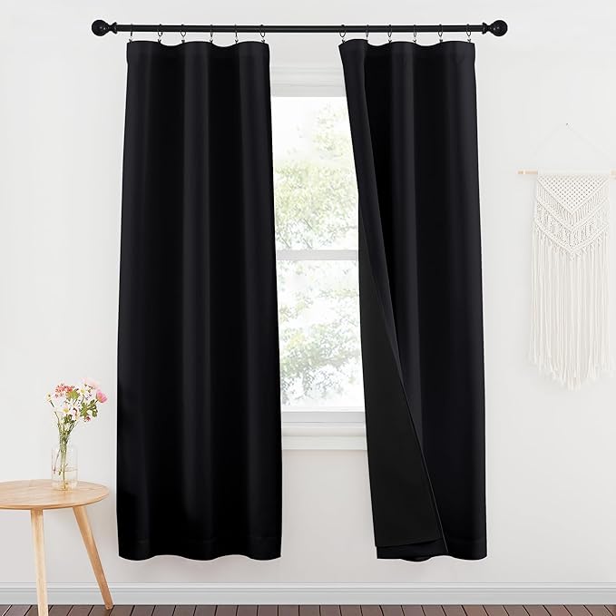 NICETOWN 100% Blackout Window Curtain Panels, Rod Pocket Full Light Blocking Drapes with Black Liner for Nursery, 72 inches Drop Thermal Insulated Draperies (Black, 2 Pieces, 37 inches Wide Per Panel)