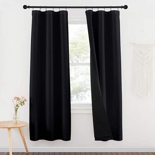 NICETOWN 100% Blackout Window Curtain Panels, Rod Pocket Full Light Blocking Drapes with Black Liner for Nursery, 72 inches Drop Thermal Insulated Draperies (Black, 2 Pieces, 37 inches Wide Per Panel)