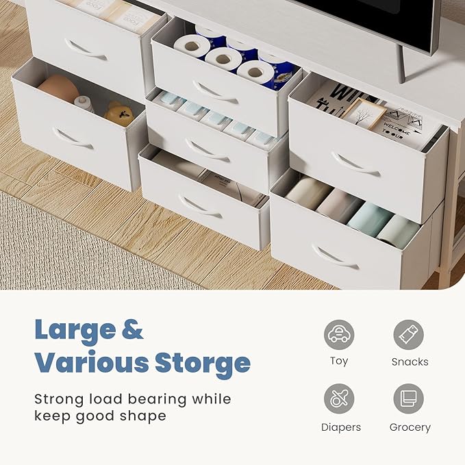 DUMOS TV Stand 7 Drawer Dresser for Bedroom with Storage TV Stands for Living Room White, Farmhouse Entertainment Center Media Console Table with Metal Frame Adjustable Feet