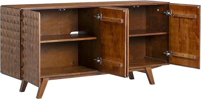NTC Sapa Mid-Century Modern Solid Wood Sideboard – 4-Door Accent Buffet Cabinet with Carved Geometric Fronts, for Living Room, or Entryway, Effortless Assembly, Dark Walnut