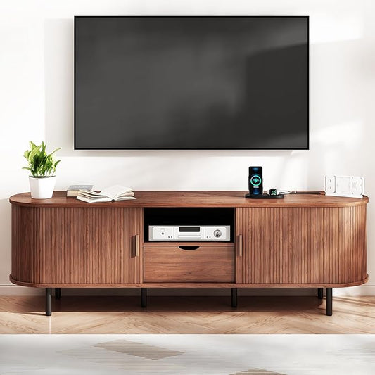 69" Mid-Century TV Stand with Power Outlet, Fluted Entertainment Center with Storage Drawer, TV Console with Sliding Door and Adjustable Shelves, TV Stand up to 80" for Living Room, Bedroom, Walnut