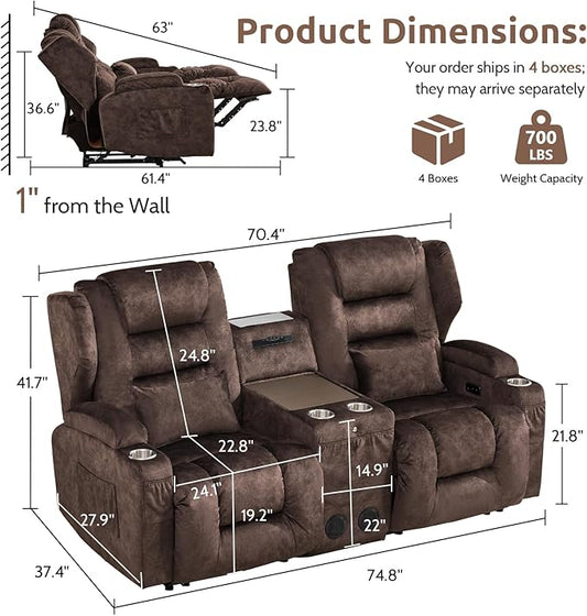 SAMERY Loveseat Recliner Sofa, Power Reclining Loveseat Sofa, Wall Hugger Recliners RV Couch with Console, Lift-Top Table, Rhythm & Ambient LED Lights, USB-C, Outlets, Velvet, Chestnut | Extra Wide Seat, Plush Padding, Dual Power Recline, Lift-Up Table...