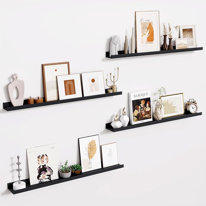 Fun Memories 36 Inch Floating Shelves for Wall - Wall Shelves with Lip Set of 4 - Nursery Bookshelf for Storage - Picture Ledge Shelf for Bedroom - Living Room - Kitchen - Black Color