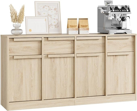 GarveeHome Sideboard Buffet Cabinet with 4 Drawers, 62.4 in Large Coffee Cabinet with Storage, Modern Storage Buffet Table for Kitchen Dining Room, Living Room (Pear Wood, 4 Doors & 4 Drawers)