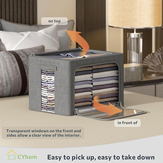 CYhom 4 Pack Clothes Storage Bins with Metal Frame - Linen Fabric Foldable Stackable Container Organizer Set with Clear Window & Carry Handles & Zippers (Dark Gray, 23.6"x16.5"x15.7")