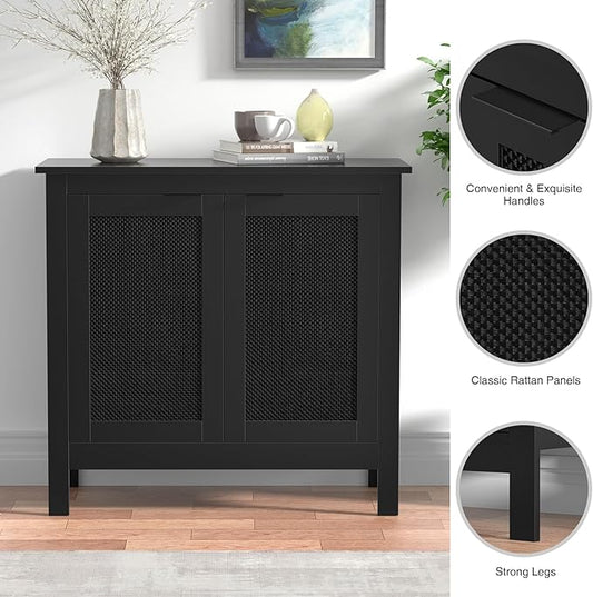 Giluta Black Sideboard Buffet Cabinet, Farmhouse Kitchen Storage Cabinets with 2 Rattan Doors, 30''H Boho Cabinet with Solid Wood Feet for Entryway, Living Room, Hallway