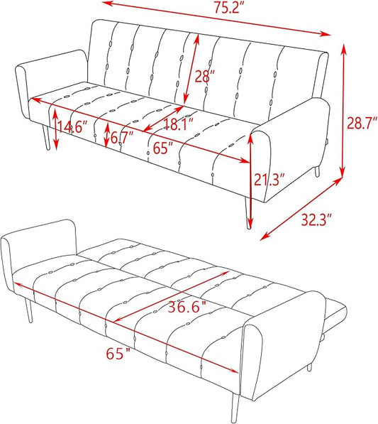 Eafurn Convertible Futon Sofa Bed, 75″Velvet Fabric Futons Loveseat Couch with Adjustable Backrest, Folding Sleeper Recliner Daybed for Living Room Furniture | Golden Legs, Wood Frame