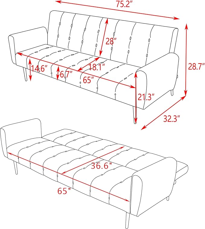 Eafurn Convertible Futon Sofa Bed, 75″Velvet Fabric Futons Loveseat Couch with Adjustable Backrest, Folding Sleeper Recliner Daybed for Living Room Furniture | Golden Legs, Wood Frame