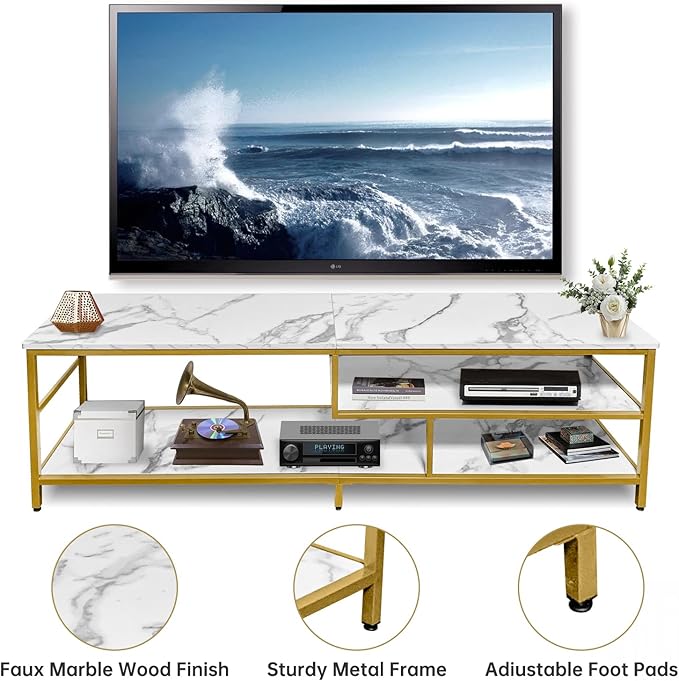 AT-VALY TV Stand for 55-75 inch TVs, Metal&MDF TV Stand with 3-Tier Storage Shelves for Living Room, Entertainment Center with Storage Cabinets (Gold)