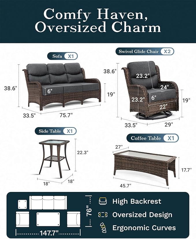 High Back Outdoor Furniture with Extra Thick Cushion Patio Swivel Rocking Chairs, Comfort 3-Seat Sofa, 5PCS Oversized Wicker Conversation Set for Porch, Deck, Yard in Dark Gray