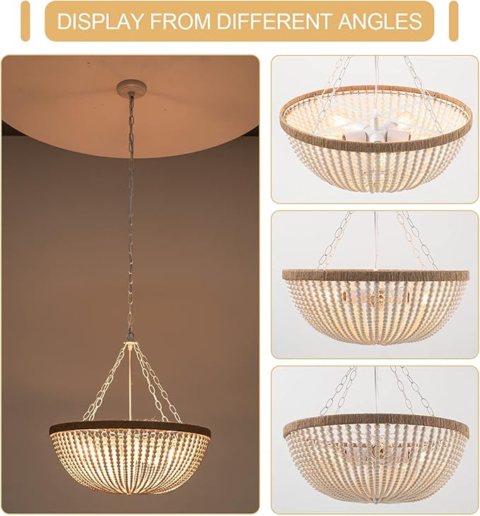 5 Lights Bohemia Wood Beaded Chandelier Farmhouse Antique Rustic Pendant Light for Bedroom Kitchen Island Dining Living Room, White, Dia 22 Inch
