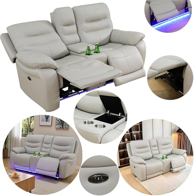 Power Reclining Sofa Set, Genuine Leather Recliner Sofa Set,Living Room Furniture Setwith USB Charging and LED Lights,for Living Room/Apartment/Office/Home Theather,Light Grey,L