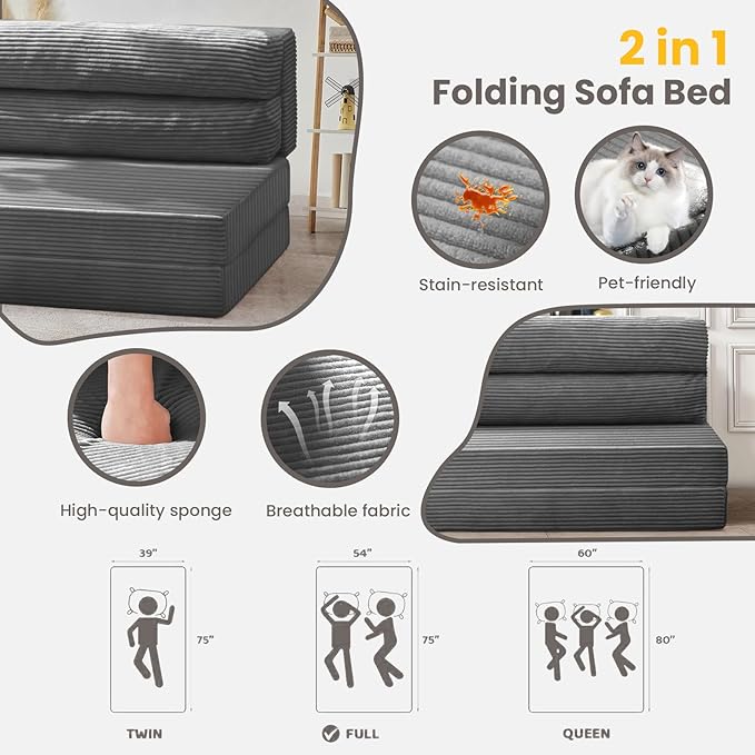 JUIKURY Folding Sofa Bed, Convertible Sleeper Chair with Pilow Foldable Matress, 2 in 1 Pull Out Loveseat Sofa Portable Fold Out Chair Bed Floor Couch Lounge for Living Room Bedroom (Grey, Queen)
