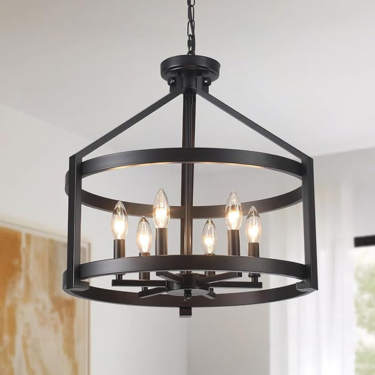 Black Farmhouse Chandelier for Dining Room,6-Light Modern Hanging Drum Chandeliers,20" Rustic Convertible Semi Flush Mount Ceiling Pendant Light Fixture for Kitchen Island Foyer Entryway Bedroom