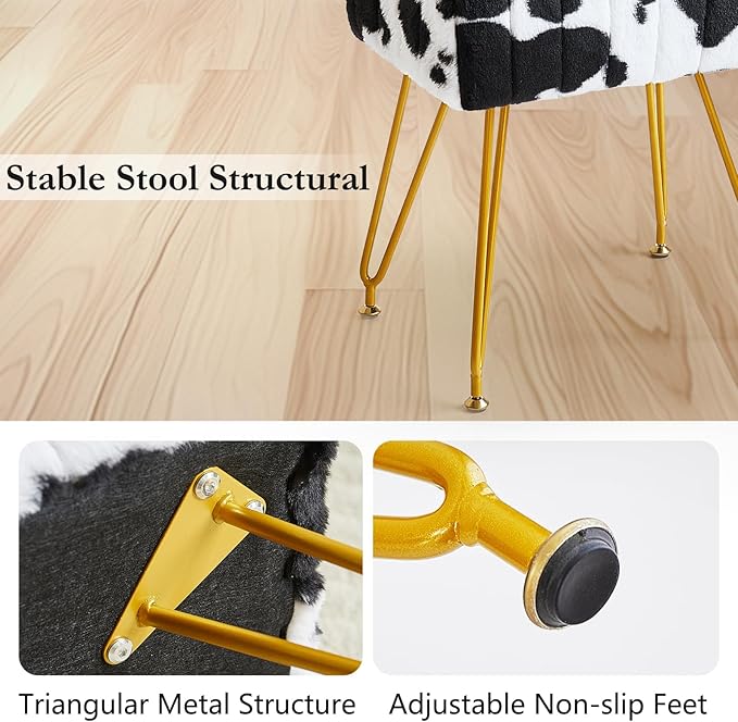 Rectangular Vanity Stool, Faux Fur Makeup Vanity Chair with Golden Metal Legs & Adjustable Feet, Soft Padded Seat Ottoman Foot Stool for Bedroom, Living Room