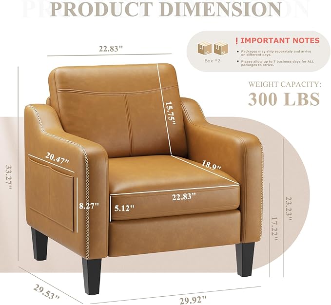 PU Leather Accent Chair, Mid-Century Modern Living Room Armchair Sofa with Removable Cushions, Solid Wood Frame & Stitched Armrest Design, Bedroom Chair with Plastic Legs, Brown