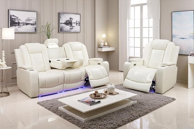 A Ainehome Power Leather Recliner Sofa Set with LED Lights, Reclining Sectional Sofa and Loveseat with USB Port/Storage Console (Creamy White, Sofa+Chair)