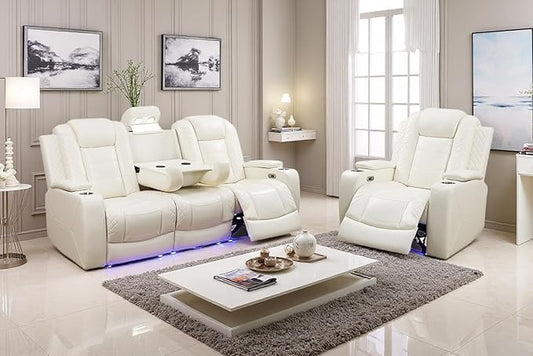 A Ainehome Power Leather Recliner Sofa Set with LED Lights, Reclining Sectional Sofa and Loveseat with USB Port/Storage Console (Creamy White, Sofa+Chair)