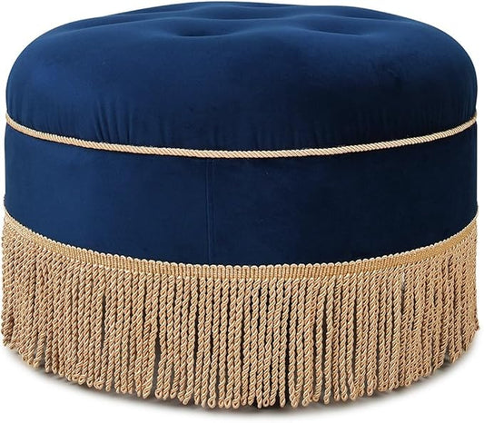 Jennifer Taylor Home Yolanda Upholstered Round Accent Ottoman, Navy Blue Velvet with Gold Trim
