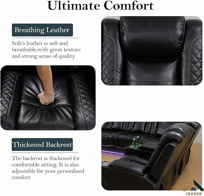 Power Recliner Sectional Sofa Set, Black Leather Sectional Couch and 2 Chairs for Living Room, L Shape Reclining Sofa with Cup Holder, Hidden Storage, Drop-Down Table for House(7 Seat)