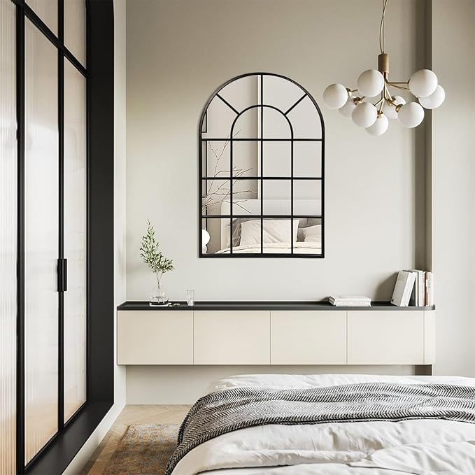 Black Arched Window Mirror, Large Window Pane Mirror, Metal Framed Windowpane Mirrors, 24" X 36" Arched Wall Mirrors for Wall Decor, Entryway, Living Room
