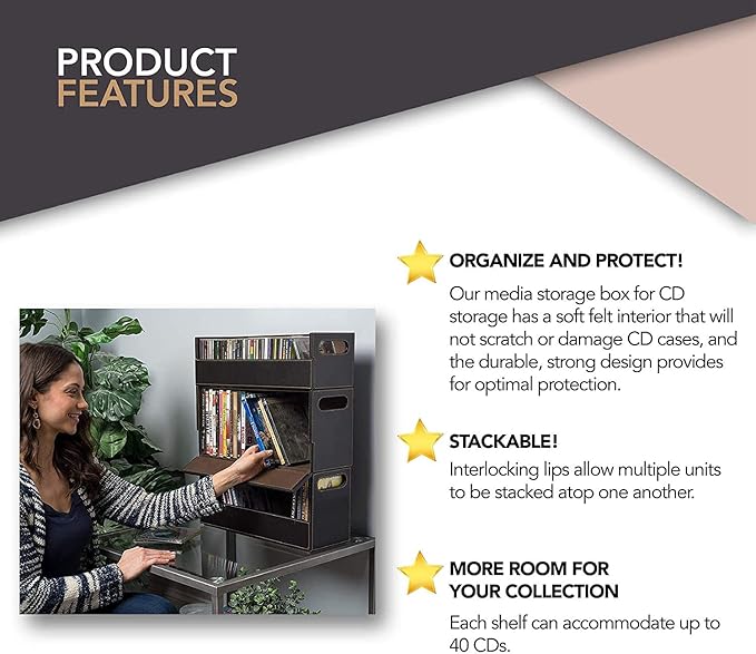 Stock Your Home CD Storage Box, Organizer Shelf for Movie Cases, DVDs, Cassette Tape Display Stand, Disc Holder Can Store Up to 40 CDs, Faux Leather (Brown)