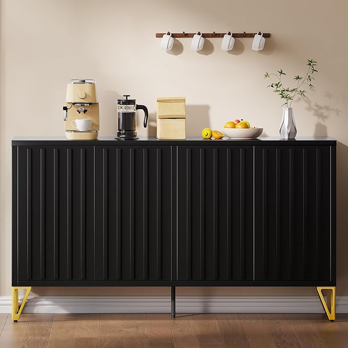 DWVO Modern Kitchen Storage Cabinet with Adjustable Shelves, 55" Sideboard Buffet Cabinet with Storage for Hallway, Kitchen or Living Room, Black