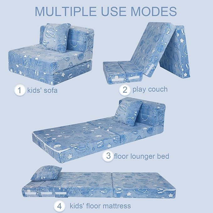 MeMoreCool Glow Space-Themed Tri-fold Sofa Bed for Kids, Foldable Futon Chair and Floor Couch with Planets and Stars for Playroom