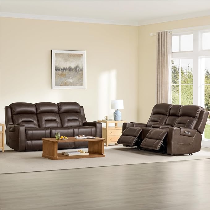 Watson & Whitely Genuine Leather Power Reclining Sofa, 3-Seater Lay Flat Recliner Sofa with Power Headrest, Cup Holders, USB & Type-C Ports, Electric Reclining Couch for Living Room, Dark Brown