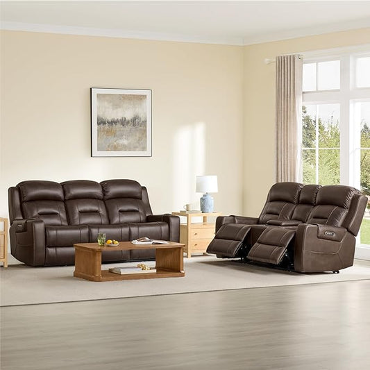 Watson & Whitely Genuine Leather Power Loveseat and Recliner Sofa Set, Lay Flat Reclining Couch with Console, Power Headrest, USB & Wireless Charging, Cup Holders for Living Room, Dark Brown