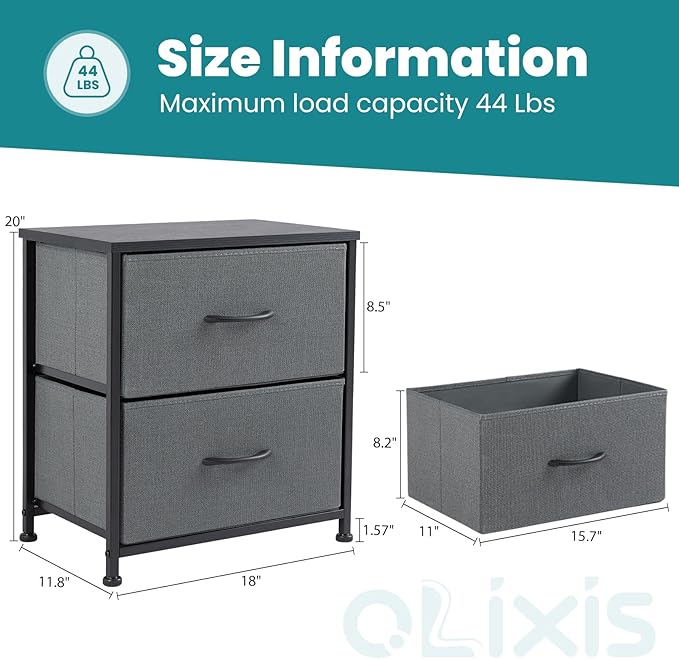NEWBULIG Nightstand with 2 Fabric Drawers Small Dresser 25 Inch Tall Bedside Table End Table Storage Furniture for Bedroom Closet Entryway College Dorm Crey