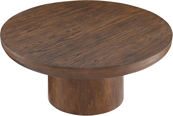 Eafurn 35.98inch Round Wood Coffee Table with Cylindrical Leg, Farmhouse Cocktail Solid Circle Center Wooden Table, Brown Walnut Tabletop & Legs