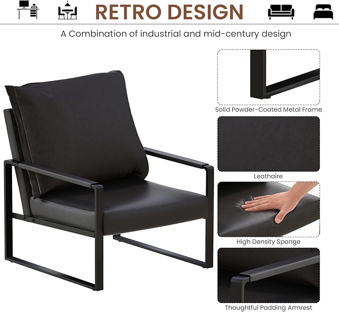 AWQM Modern PU Leather Accent Chair Arm Chair with Extra-Thick Padded Backrest and Seat Cushion Sofa Chairs for Living Room Bedroom, 105 Degree Slant Back, Non-Slip Adsorption Feet-Black（Set of 1）