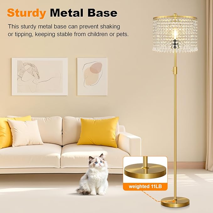 【Upgraded】 Dimmable Crystal Floor Lamps for Living Room, 1000LM LED Bulb Included, Standing Lamp with Knob Switch, Tall Gold Pole Light for Bedroom Nursery Office Corner Reading