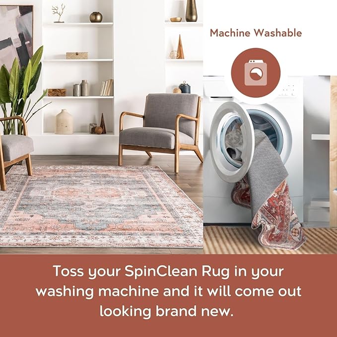 Nuloom SpinClean Banks Light Orange/Light Grey, 8' x 10', Vintage, Soft and Cozy, High Traffic, Stain Resistant, Easy Clean, Durable, Machine Washable Area Rug for Bedroom, Living Room, Dining, Foyer