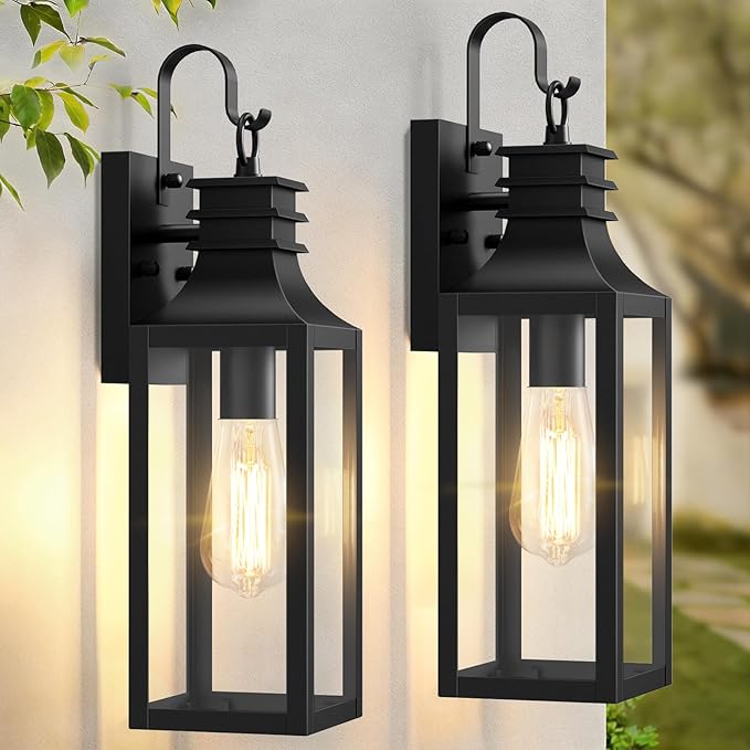 18" Outdoor Wall Lights 2-Pack, Black Modern Exterior Sconces with Clear Glass, Waterproof Aluminum Porch Lighting Fixtures, E26 Medium Base Lantern for House Garage Patio Front Decor