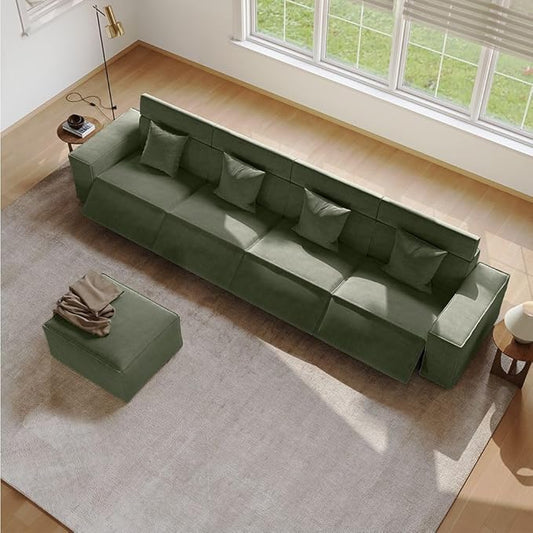 145" Power Sofa,Modular Sectional Couches for Living Room,Modern Large Sofa with Recliners,Comfy Velvet Cloud Couch with Deep Seat with 1 Ottoman,Pet Friendly,Free Combination for Home(Green)