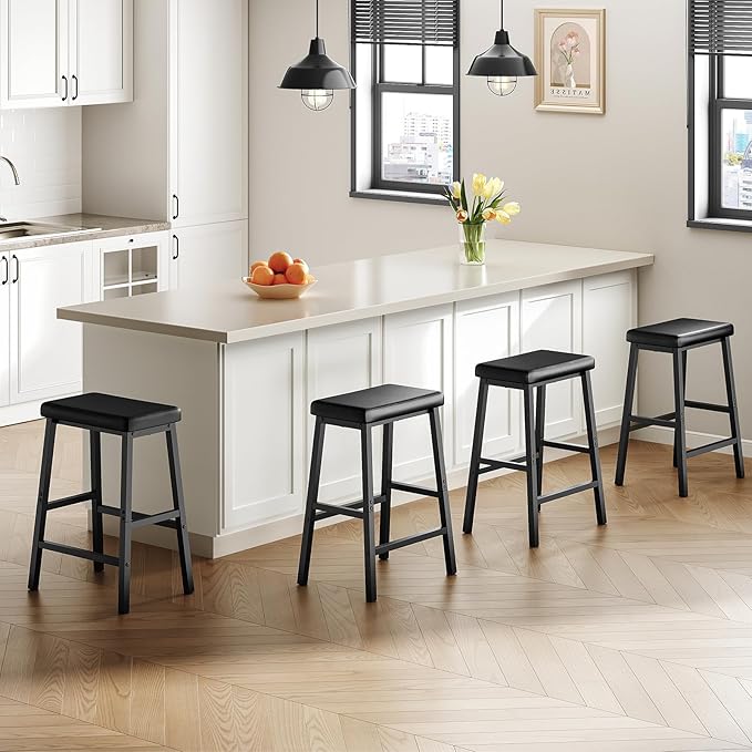HOOBRO Bar Stools, Set of 2 Bar Chairs, Counter Height Bar Stools, 24 Inch Barstools for Kitchen Counter, PU Upholstered Kitchen Stools, for Kitchen, Bar, Dining Room, Black BB01MD01