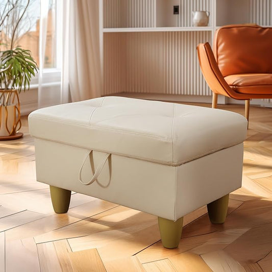 Ottoman Rectangular Storage Ottoman Bench, Faux Leather Footrest, Coffee Table, Stool Footstool with Hinged Lid for Living Room, Bedroom, Entryway, Off-White, 28.5"x19"x17.5"