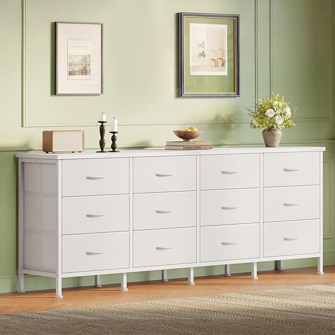 DUMOS TV Stand for Bedroom with Storage TV Stands for Living Room White, 12 Drawer Dresser Farmhouse Entertainment Center for up to 80 Inch TVs, Media Console Table with Metal Frame Adjustable Feet
