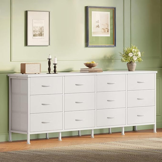 DUMOS TV Stand for Bedroom with Storage TV Stands for Living Room White, 12 Drawer Dresser Farmhouse Entertainment Center for up to 80 Inch TVs, Media Console Table with Metal Frame Adjustable Feet