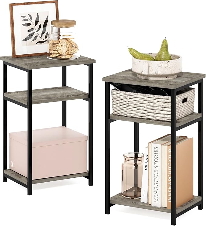 Furinno JUST Side Table Set of 2, 3-Tier Modern Metal Frame End Table with Open Shelf, Night Stand, Bedside Table, Easy Assembly,for Living Room, Bedroom, French Oak