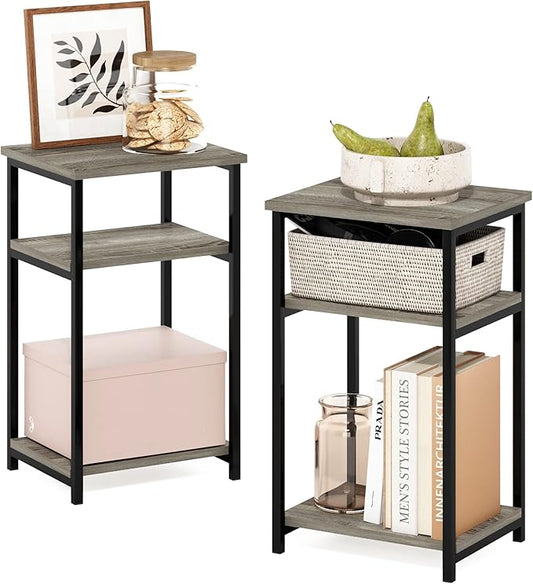 Furinno JUST Side Table Set of 2, 3-Tier Modern Metal Frame End Table with Open Shelf, Night Stand, Bedside Table, Easy Assembly,for Living Room, Bedroom, French Oak